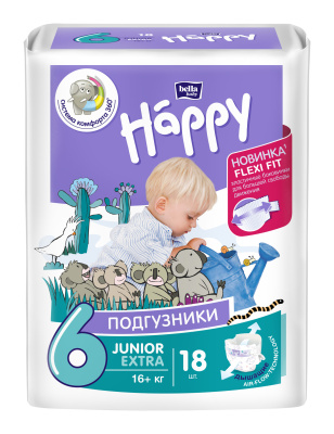 Подгузники детские, липучки, Junior Extra (6), 18 шт., Bella Baby Happy, Польша
