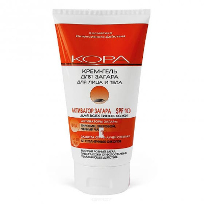 Крем-гель, усиление загара, для лица и тела , SPF-10, 150 мл, КОРА, Россия