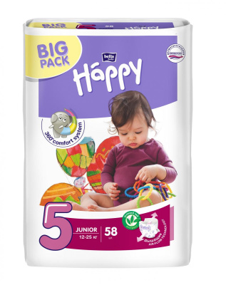 Подгузники детские, липучки, Junior (5), 58 шт., Bella Baby Happy, Польша