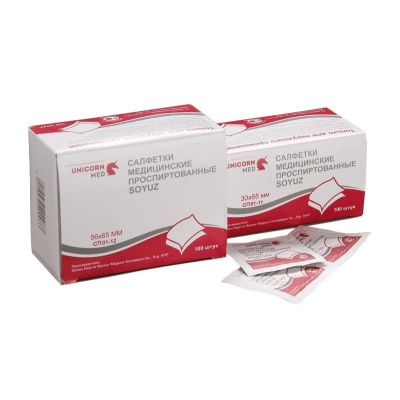 Салфетка для инъекций, 100*100 мм, изопроп. спирт, UnicornMed, Китай