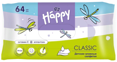 Салфетки влаж. детские, с вит. Е и аллант., б/сп., мяг. упак., 64 шт., Bella Baby Happy, Польша